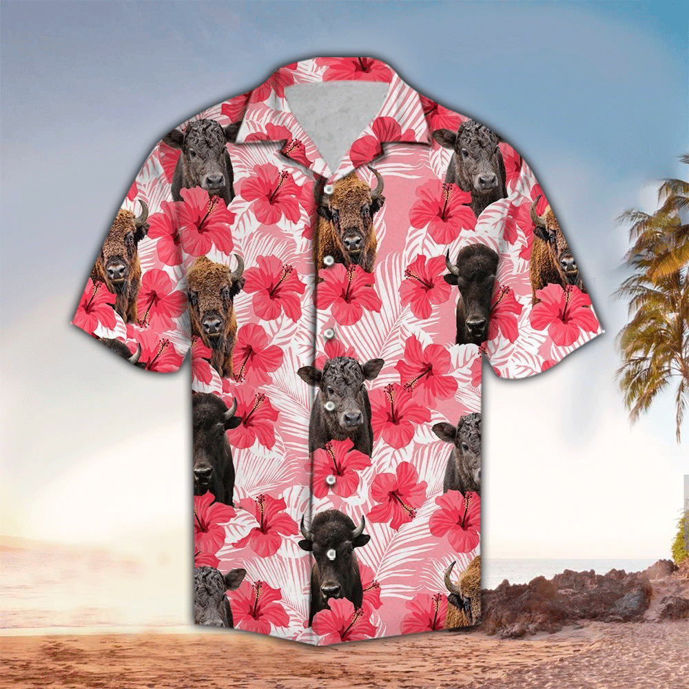 Tropical Flowers Hibiscus Bison Good Pink Hawaiian Shirt for Men and Women