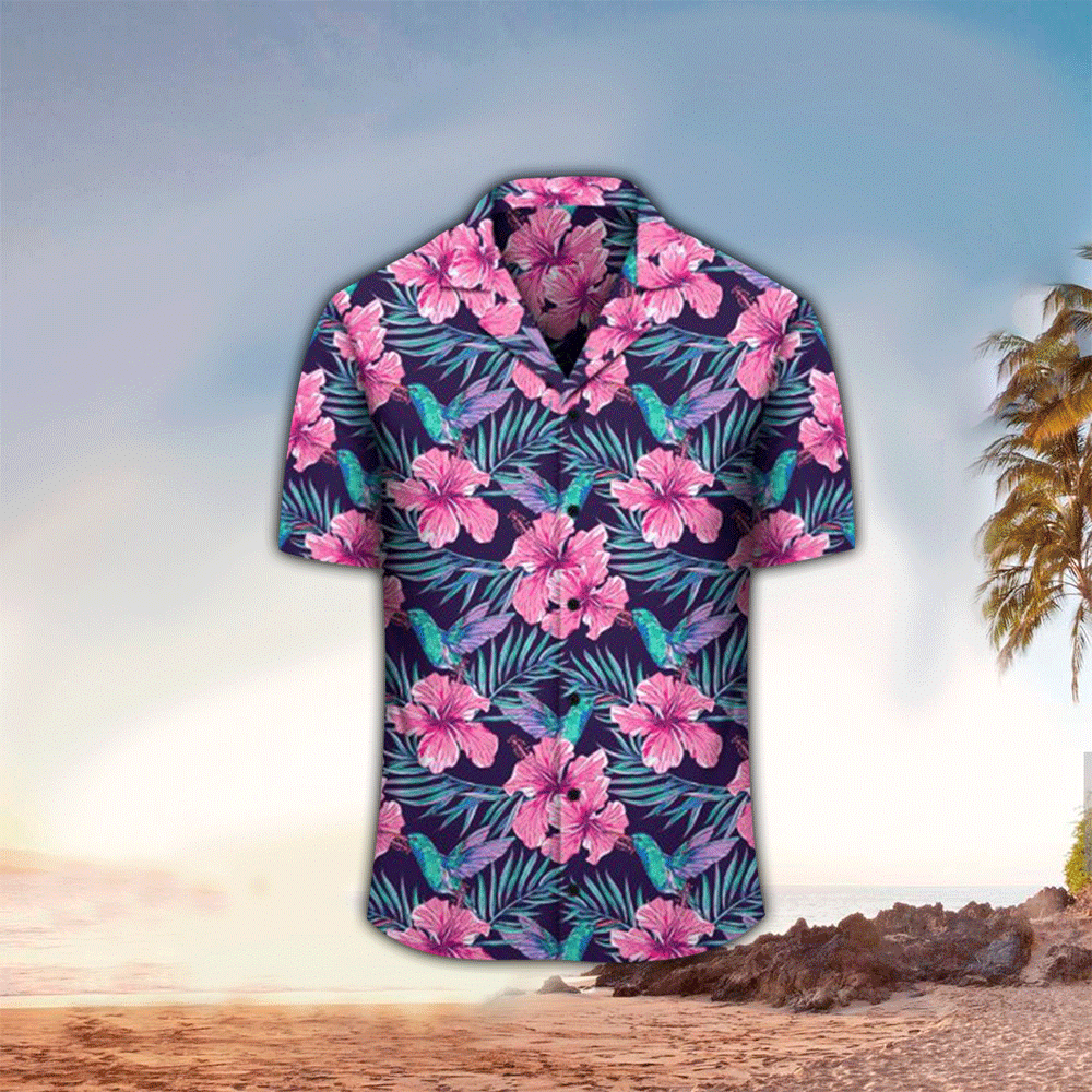 Tropical Flowers With Hummingbirds Palm Leaves Hawaiian Shirt for Men and Women