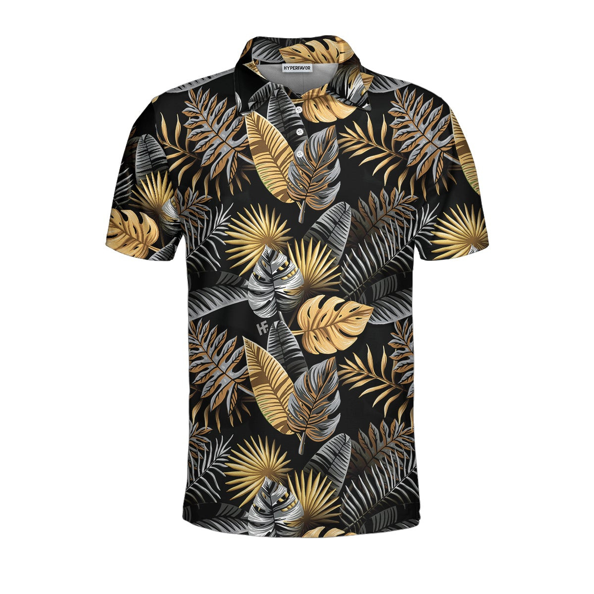 Tropical Golden Palm Leaves Pattern Polo Shirt Tropical Leaf Polo Shirt For Adults Summer Vibe Shirt