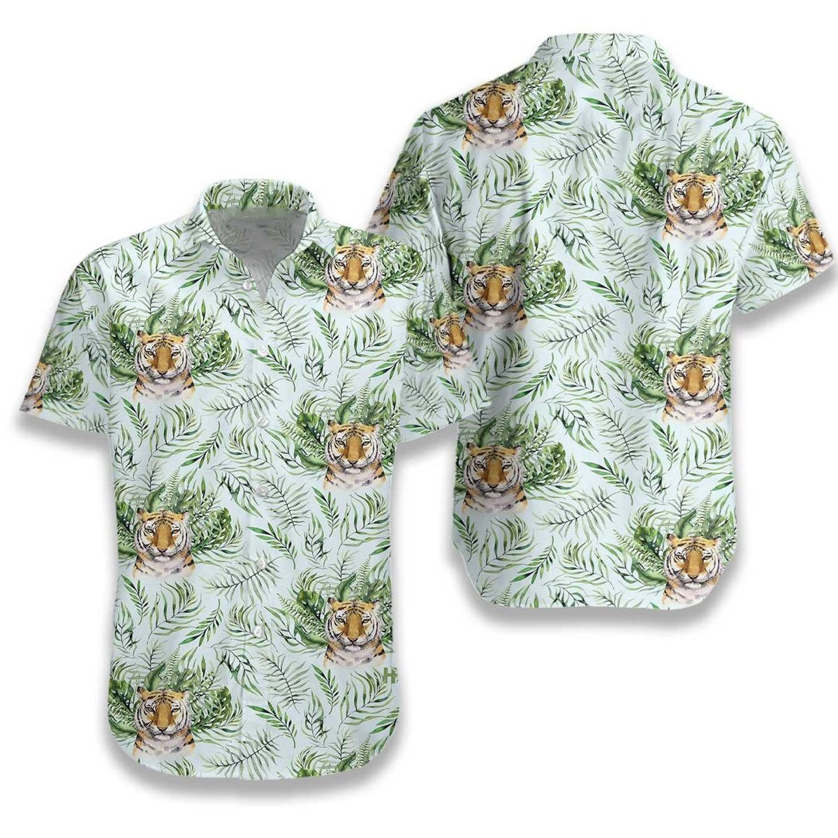 Tropical Green Leaves And Jungle Tiger Hawaiian Shirt Summer Aloha Shirt
