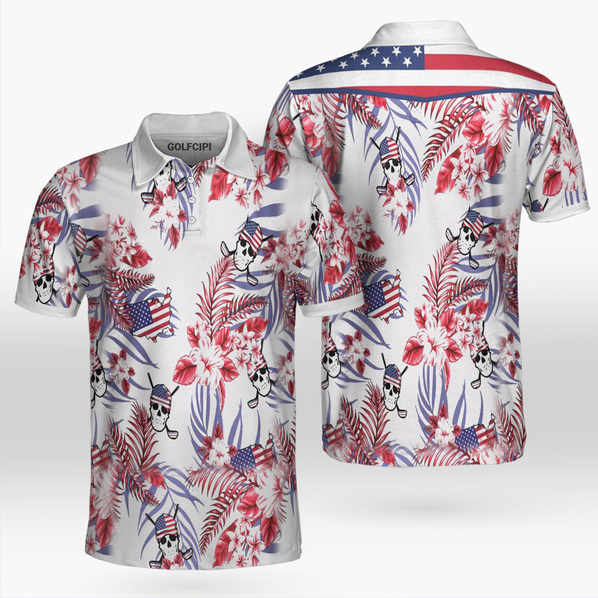 Tropical Pattern American Flag Golf Polo Shirt Best Golf Shirts For Men