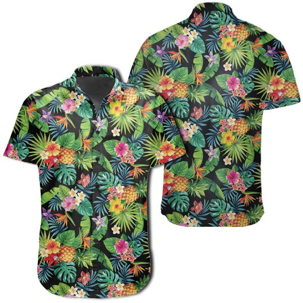 Tropical Pattern With Pineapples Palm Leaves And Flowers Hawaiian Shirt for Men and Women