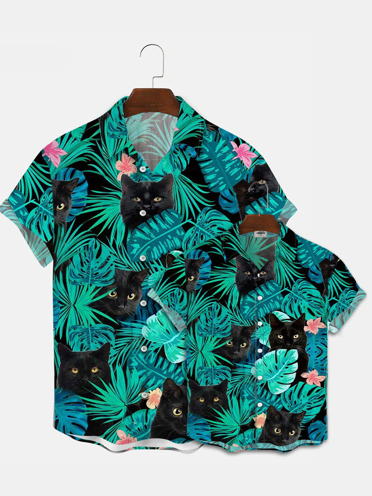 Tropical Plant And Cat Print Family Hawaiian Shirt Summer Hawaiian