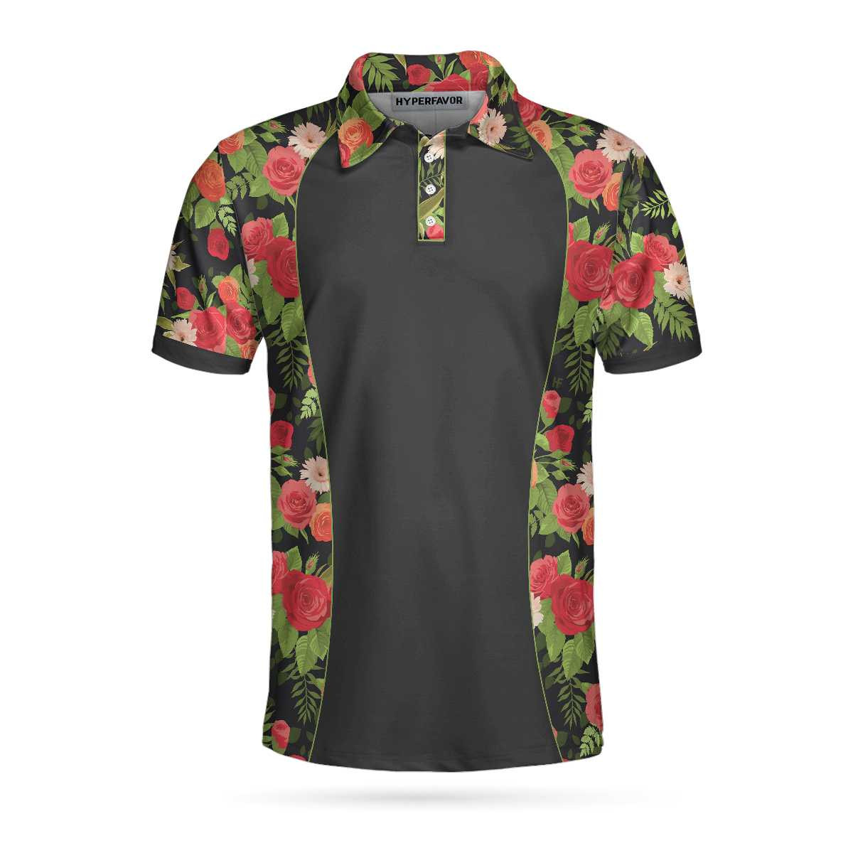 Tropical Roses Pattern Polo Shirt Black Polo Shirt With Roses Print Roses Pattern Shirt For Adults