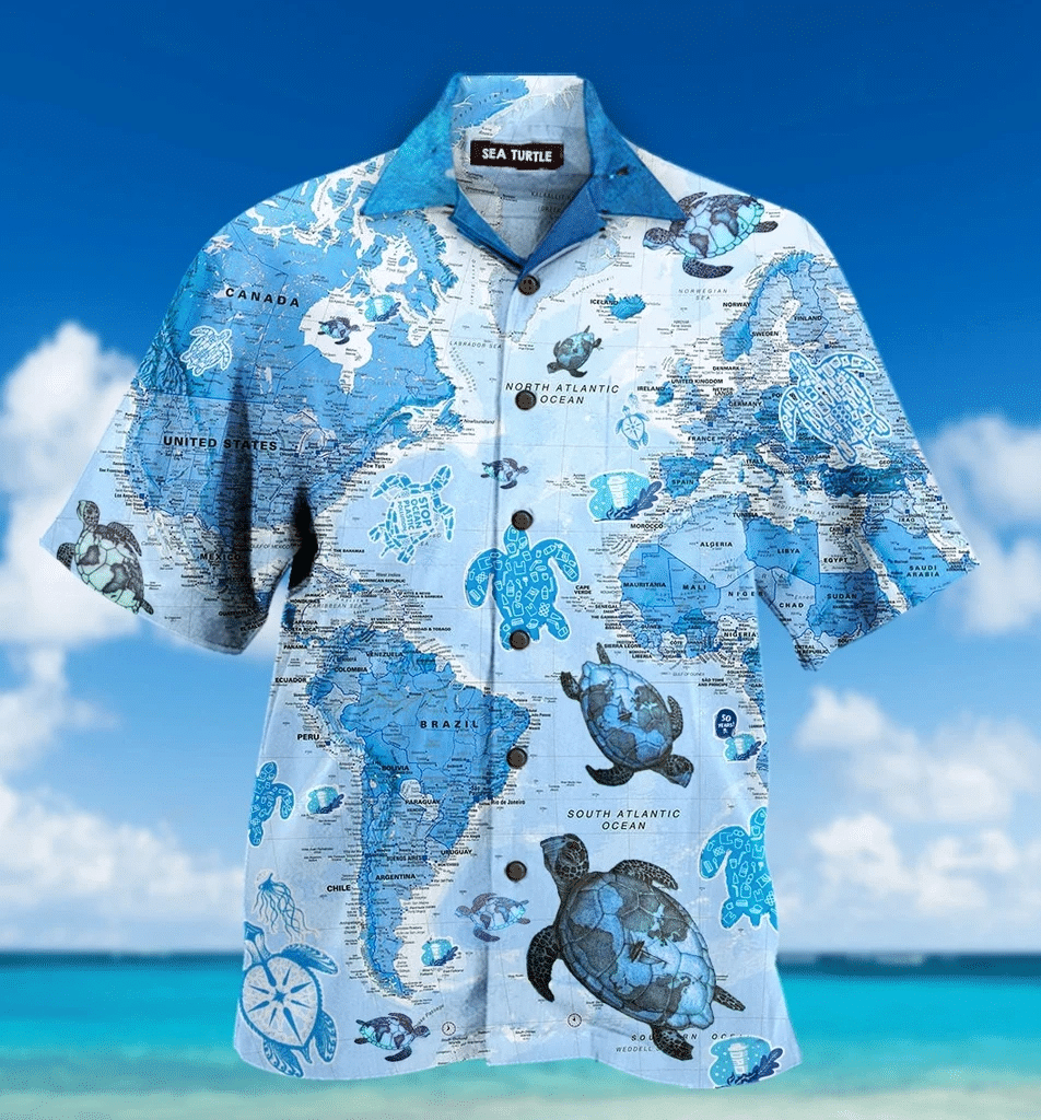 Turtle Blue Map 3D Print Hawaiian Shirt Summer Aloha Shirt, Short Sleeve Hawaiian Shirt