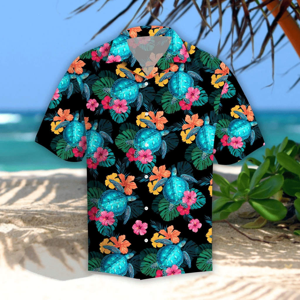 Turtles Hibiscus Tropical Hawaiian Shirt Summer Aloha Shirt, Short Sleeve Hawaiian Shirt