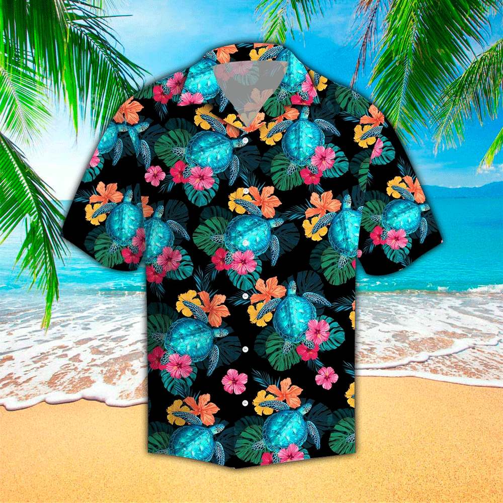 Turtles Hibiscus Tropical Hawaiian Shirt Summer Aloha Shirt, Short Sleeve Hawaiian Shirt