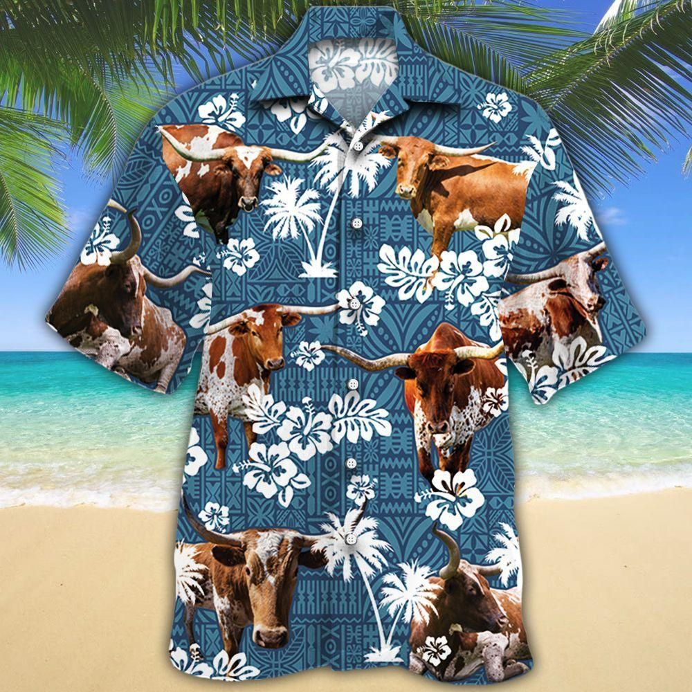 Tx Longhorn Cattle Lovers Blue Tribal Aloha Hawaiian Shirt Colorful Short Sleeve Summer Beach Casual Shirt For Men And Women