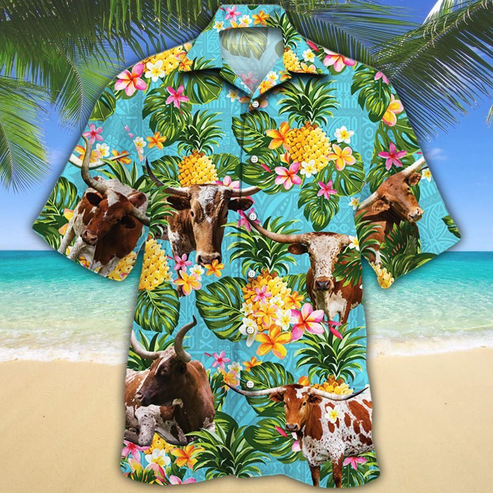 Tx Longhorn Cattle Lovers Pineapple Aloha Hawaiian Shirt Colorful Short Sleeve Summer Beach Casual Shirt For Men And Women