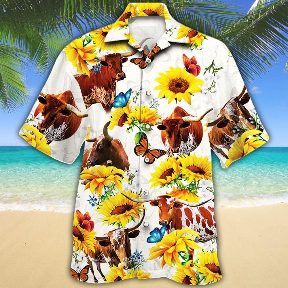 Tx Longhorn Cattle Lovers Sun Flower Aloha Hawaiian Shirt Colorful Short Sleeve Summer Beach Casual Shirt For Men And Women