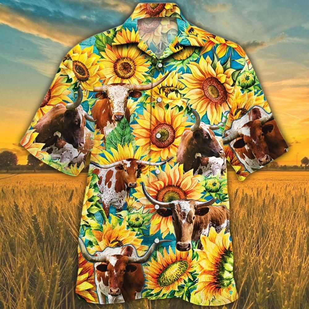 Tx Longhorn Cattle Lovers Sunflower Watercolor Aloha Hawaiian Shirt Colorful Short Sleeve Summer Beach Casual Shirt For Men And Women