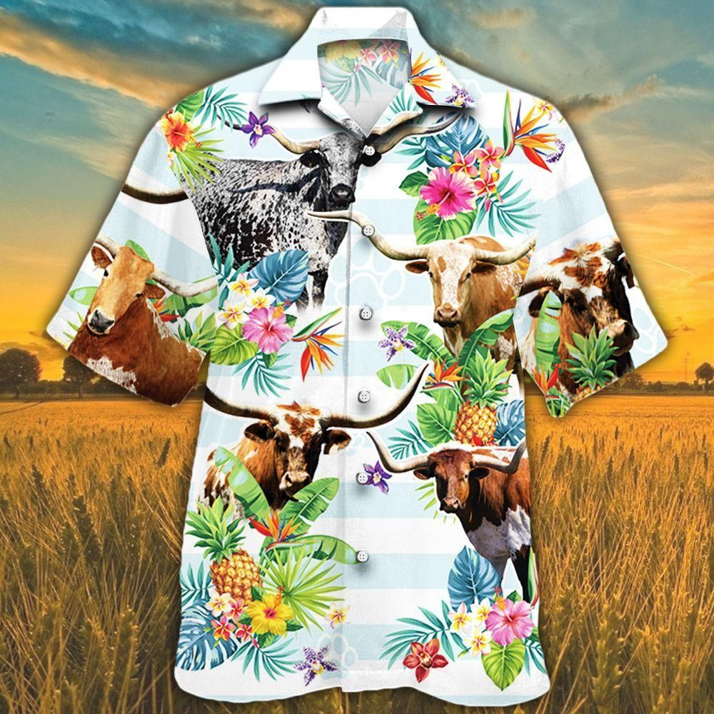 Tx Longhorn Cattle Lovers Tropical Flower Aloha Hawaiian Shirt Colorful Short Sleeve Summer Beach Casual Shirt For Men And Women