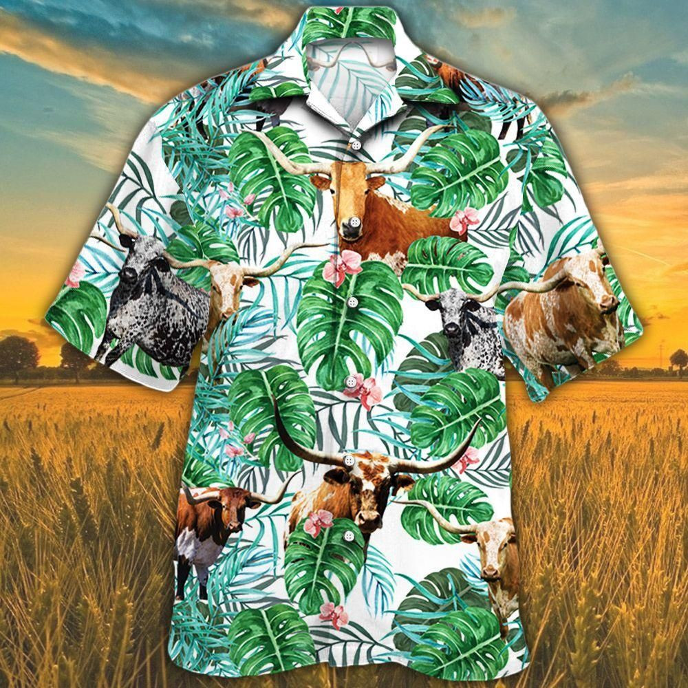 Tx Longhorn Cattle Lovers Tropical Plant Aloha Hawaiian Shirt Colorful Short Sleeve Summer Beach Casual Shirt For Men And Women