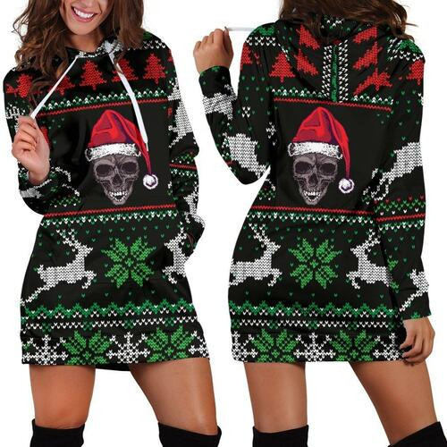 Ugly Christmas Santa Skull Black Hoodie Dress Sweater Dress Sweatshirt Dress 3d All Over Print For Women Hoodie