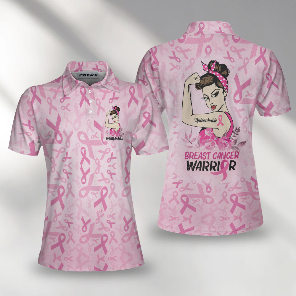 Unbreakable Breast Cancer Warrior Pink Breast Cancer Awareness Short Sleeve Women Polo Shirt