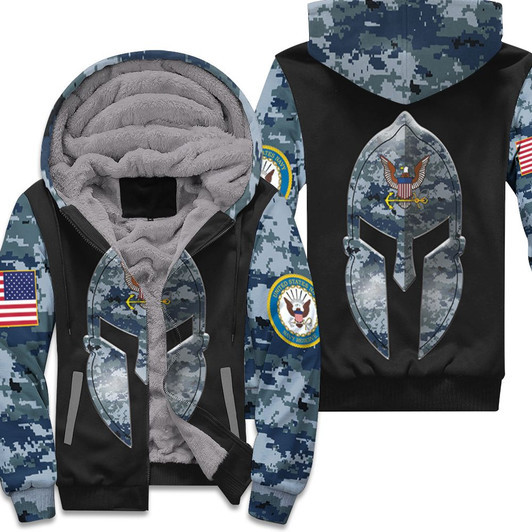 Us Navi Blue Camourflage Spartan Warrior Helmet Pattern 3D Fleece Hoodie