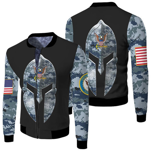 Us Navi Blue Camourflage Spartan Warrior Helmet Pattern Fleece Bomber Jacket