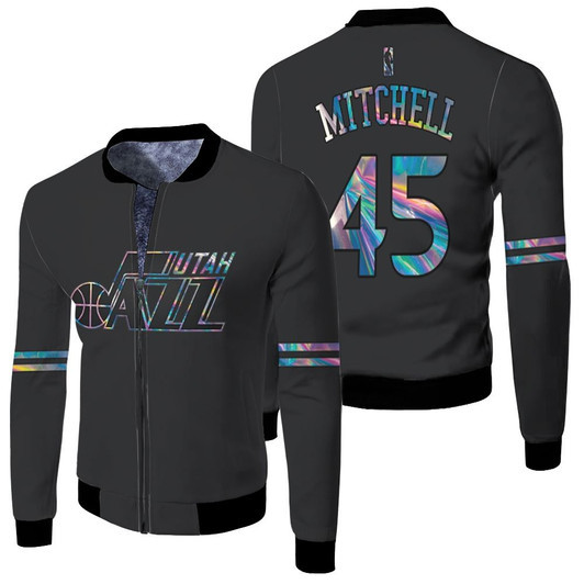 Utah Jazz Donovan Mitchell 45 Nba Basketball Team Iridescent Holographic Black Jersey Style Gift For Jazz Fans Fleece Bomber Jacket