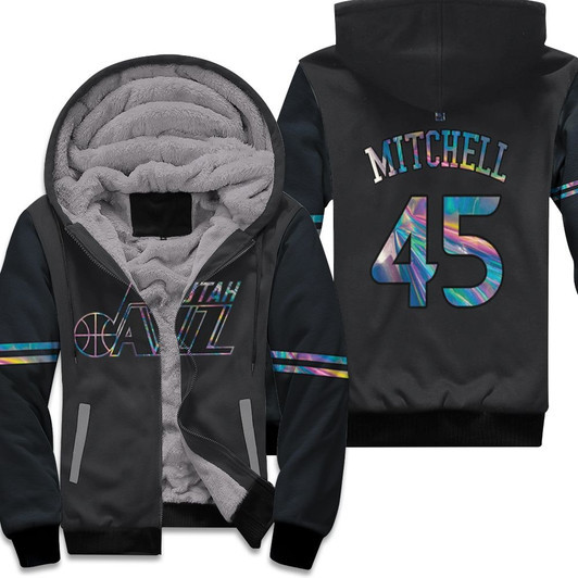 Utah Jazz Donovan Mitchell 45 Nba Basketball Team Iridescent Holographic Black Jersey Style Gift For Jazz Fans Fleece Hoodie