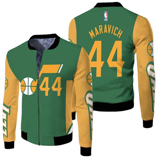 Utah Jazz Pete Maravich 44 Nba Basketball Team 2020-21 Earned Edition Green Jersey Style Gift For Jazz Fans Fleece Bomber Jacket