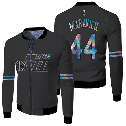 Utah Jazz Pete Maravich 44 Nba Basketball Team Iridescent Holographic Black Jersey Style Gift For Jazz Fans Fleece Bomber Jacket