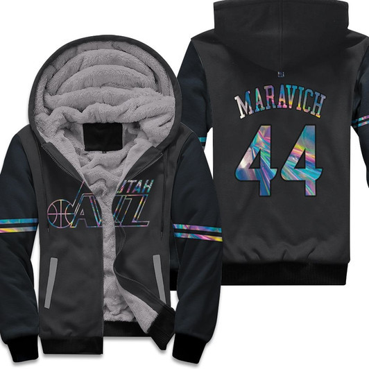 Utah Jazz Pete Maravich 44 Nba Basketball Team Iridescent Holographic Black Jersey Style Gift For Jazz Fans Fleece Hoodie