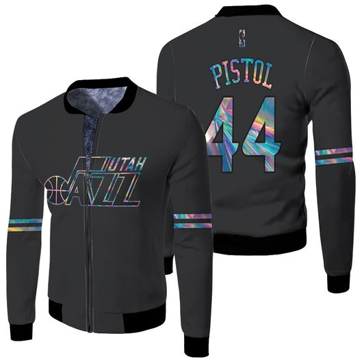 Utah Jazz Pistol 44 Nba Basketball Team Iridescent Holographic Black Jersey Style Gift For Jazz Fans Fleece Bomber Jacket