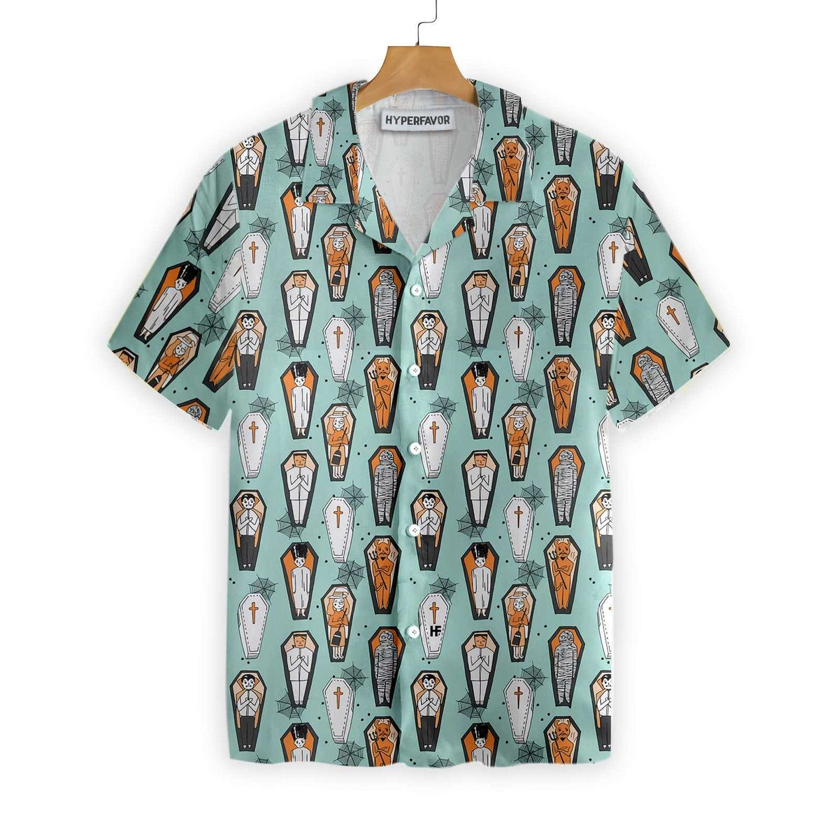 Vampire Coffins Halloween Shirt For Men Arctic Blue Coffin Pattern Hawaiian Shirt