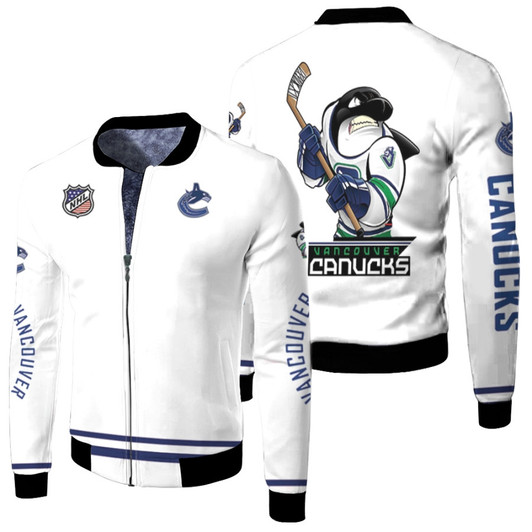 Vancouver Canucks Nhl Ice Hockey Team Fin The Whale Logo Mascot White Fleece Bomber Jacket