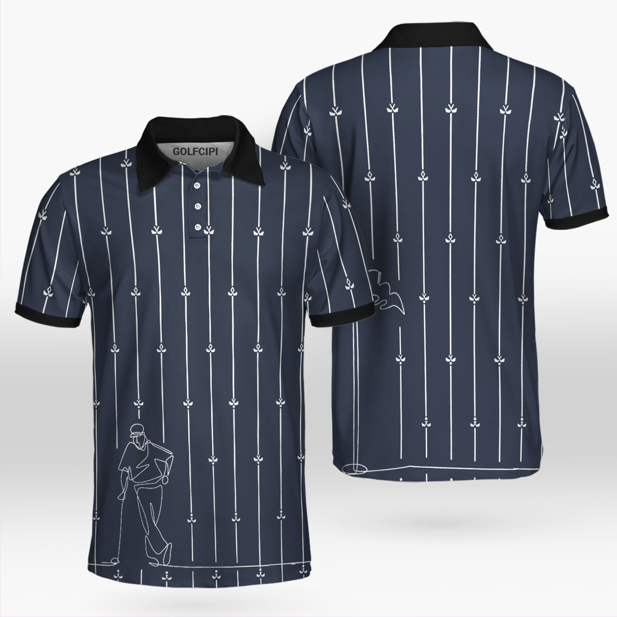 Vertical Stripe One Line Drawing Golfer Navy Blue Golf Shirt Golf Shirts Short Sleeve Polo For Men