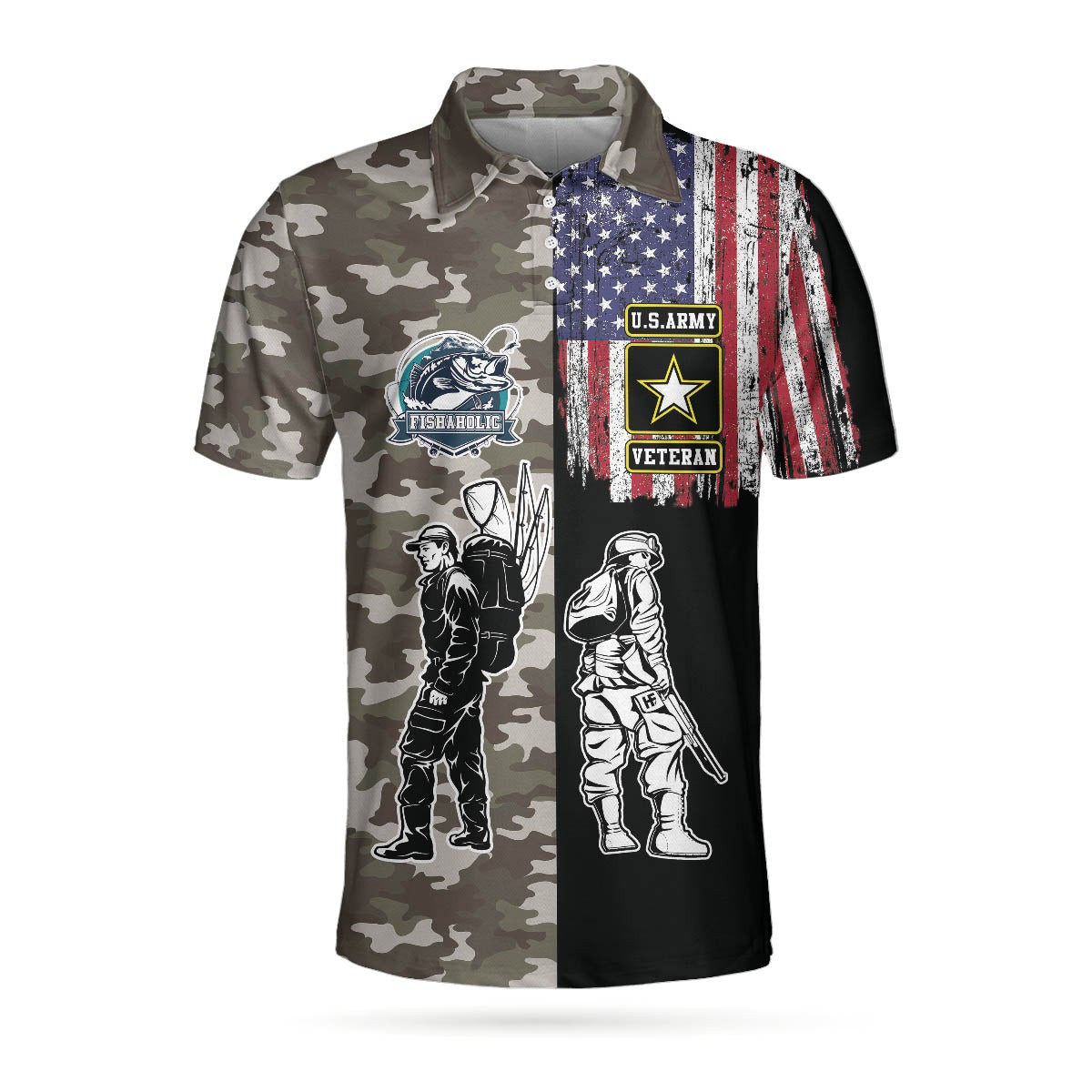 Veteran Fishing With American Flag Polo Shirt Camouflage Veteran Fisher Sketching Polo Shirt Patriotic Fishing Shirt For Men