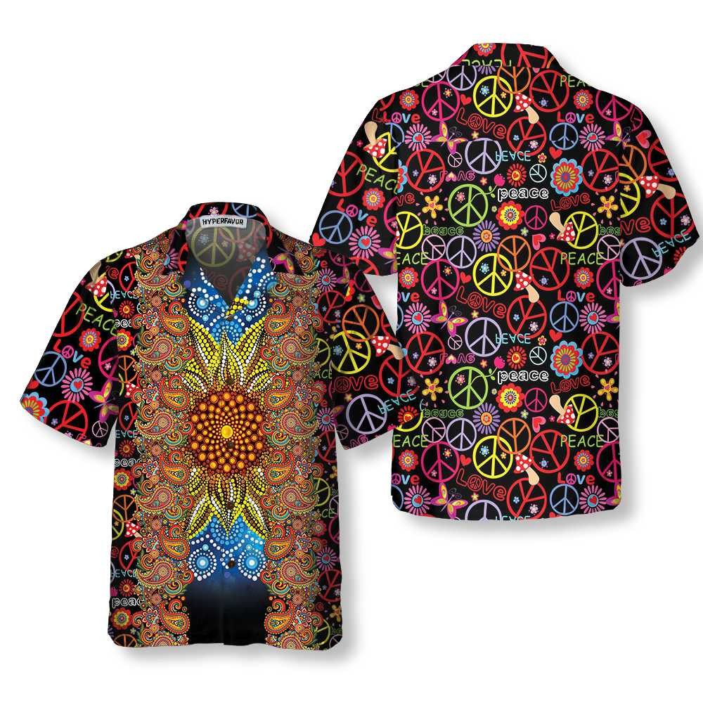 Vibrant Color Hippie Hawaiian Shirt Hippie Peace Sign Pattern Shirt Unique Hippie Gift