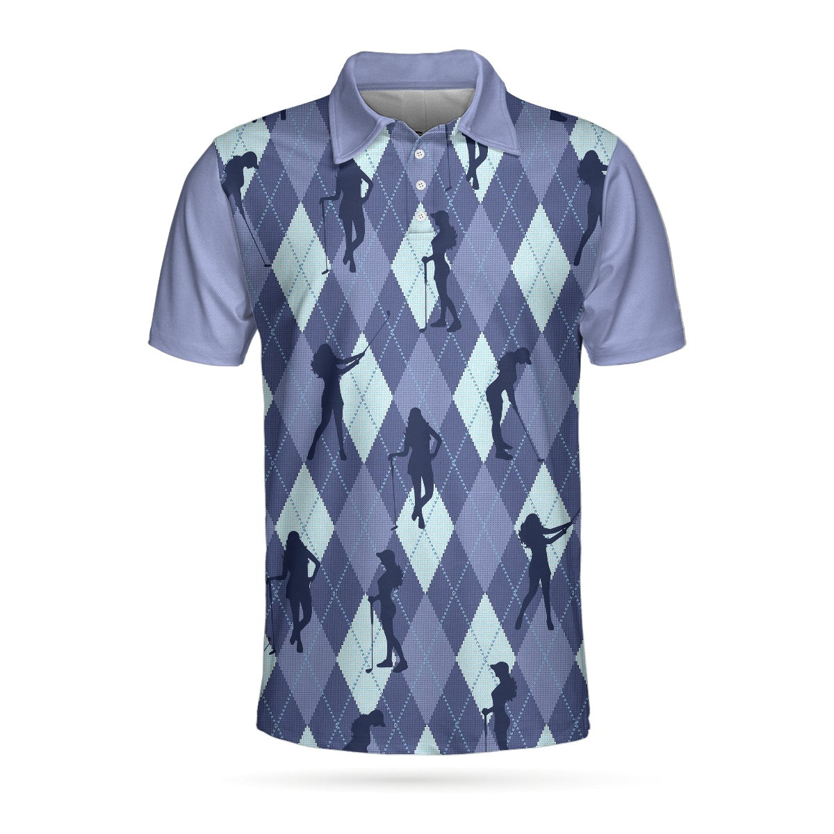 Vintage Blue Palatte Girl Golf Polo Shirt Argyle Pattern Girl Golfer Silhouette Polo Shirt Fun Golf Shirt For Men