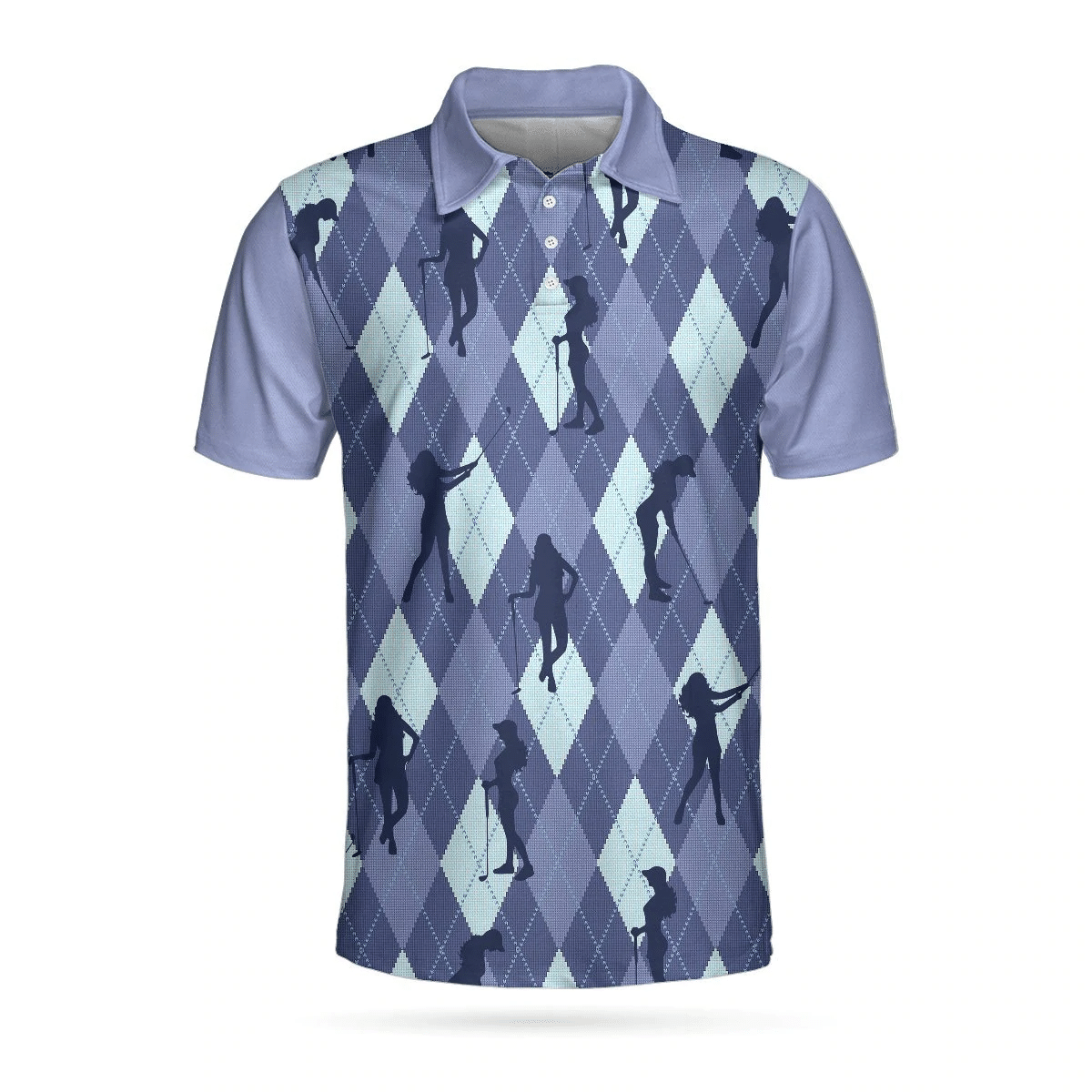 Vintage Blue Palatte Girl Golf Polo Shirt Argyle Pattern Girl Golfer Silhouette Polo Shirt Fun Golf Shirts Short Sleeve Polo For Men