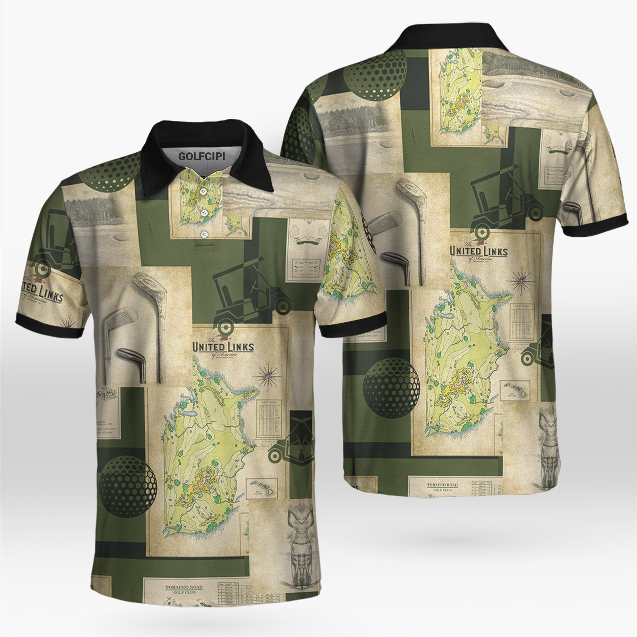 Vintage Golf Art Map Golf Clubs Green Polo Shirt Best Golf Shirts For Men