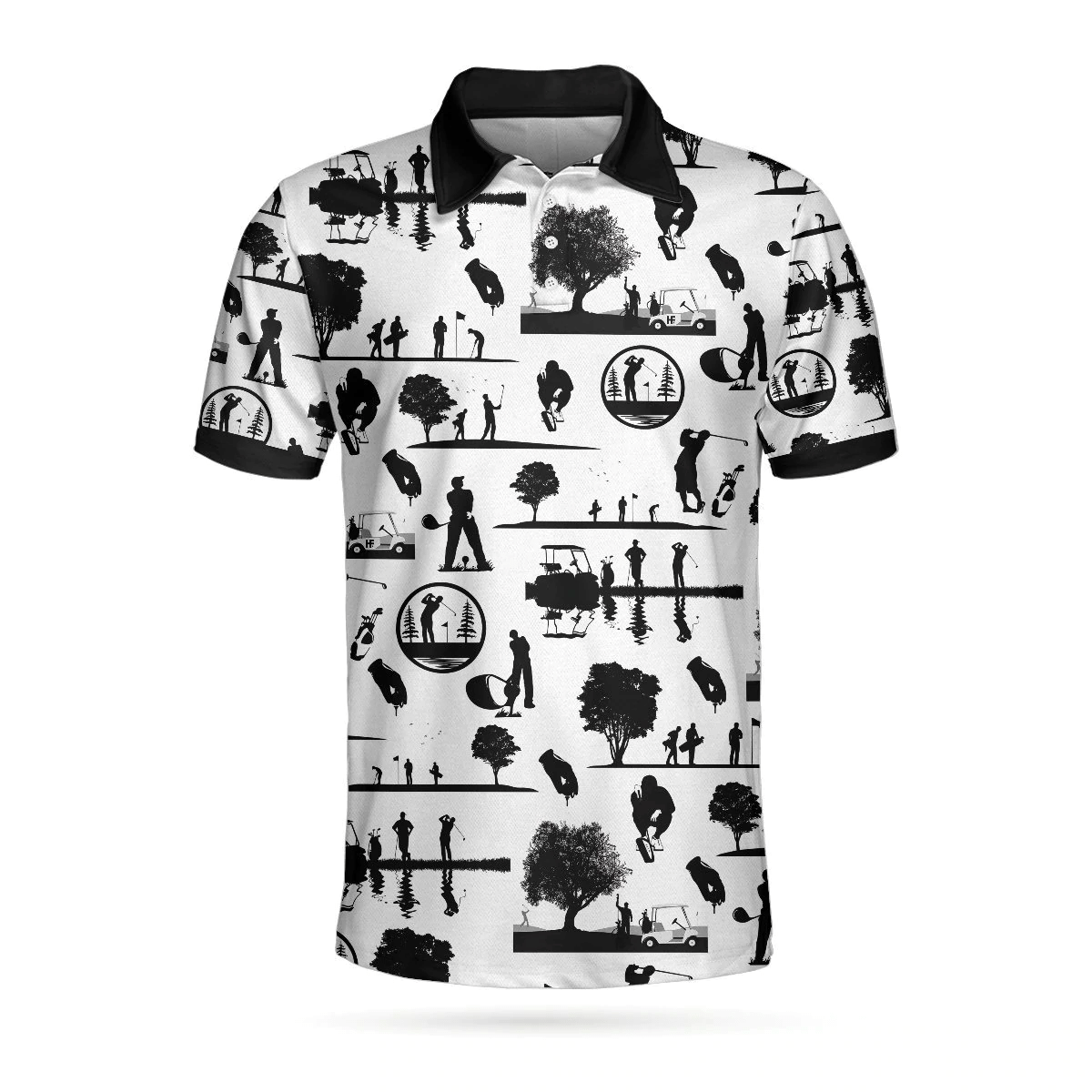 Vintage Silhouette Golfers All Over Print Polo Shirt Black And White Golf Course Polo Shirt Best Golf Shirts Short Sleeve Polo For Men