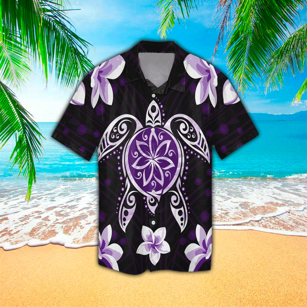 Violet Turtle Plumeria Hawaiian Shirt Summer Aloha Shirt, Short Sleeve Hawaiian Shirt