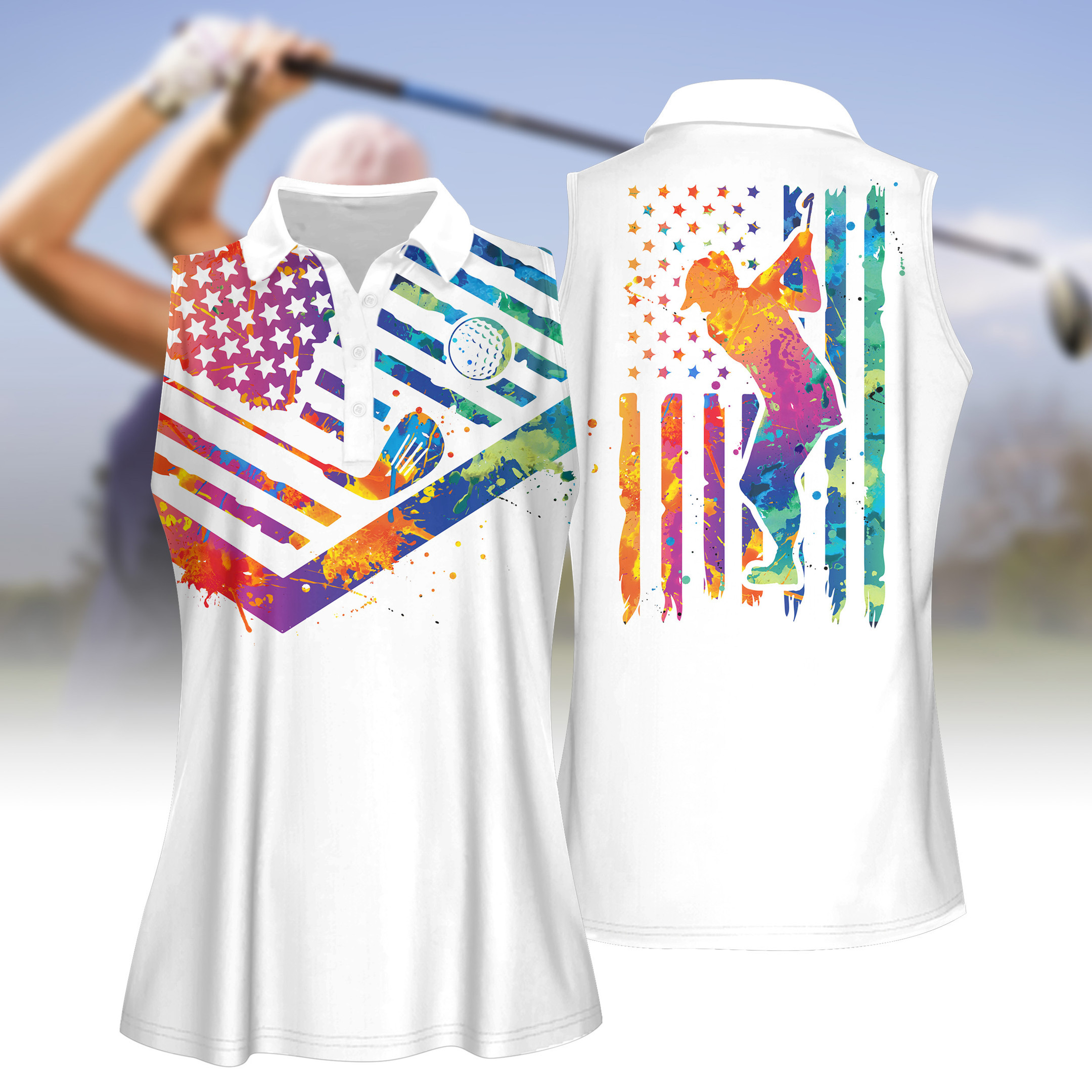 WATERCOLOR AMERICA FLAG WITH SILHOUETTE WOMEN SHORT SLEEVE POLO SHIRT SLEEVELESS POLO SHIRT