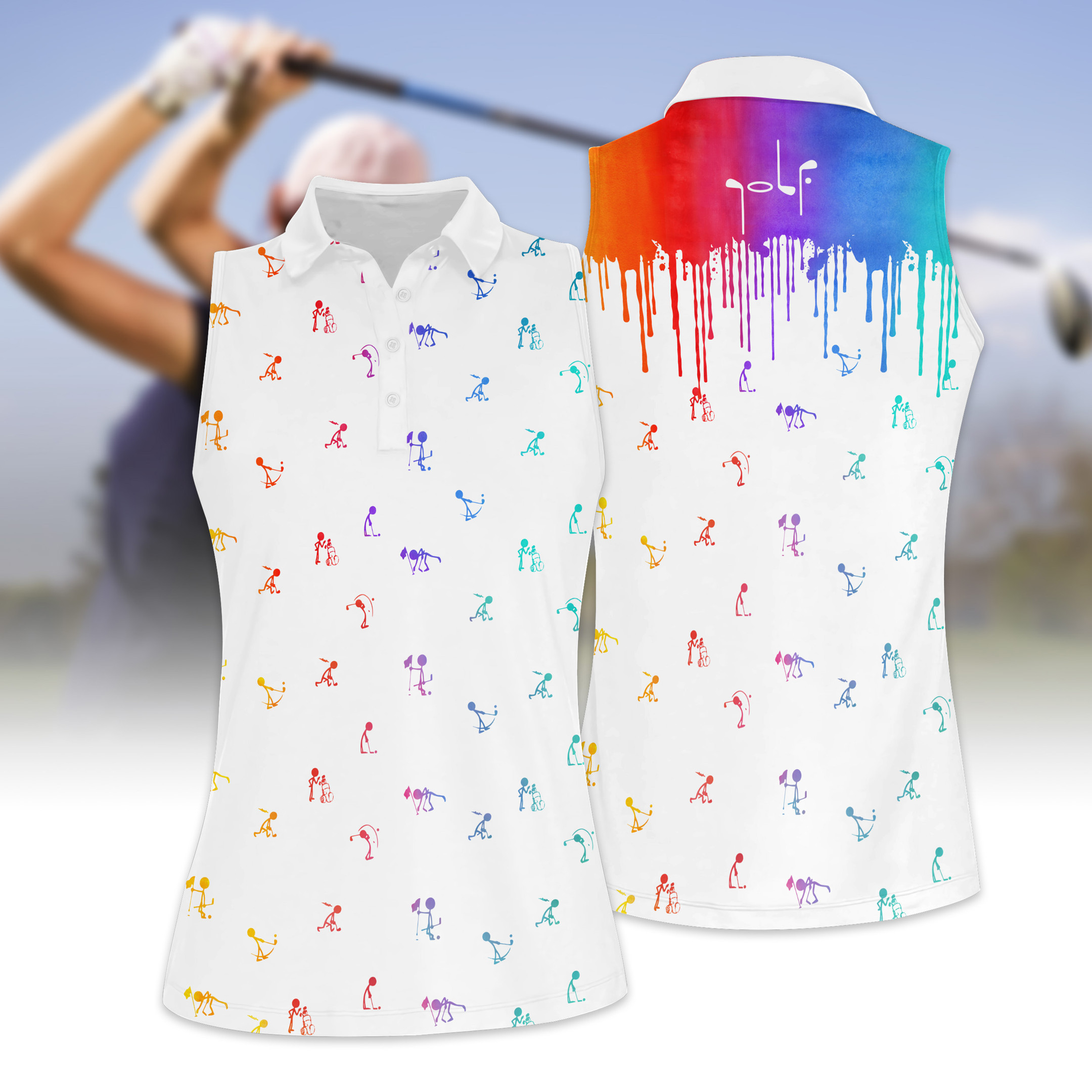 WATERCOLOR STICKFIGURES PLAYING GOLF WOMEN SHORT SLEEVE POLO SHIRT SLEEVELESS POLO SHIRT V2