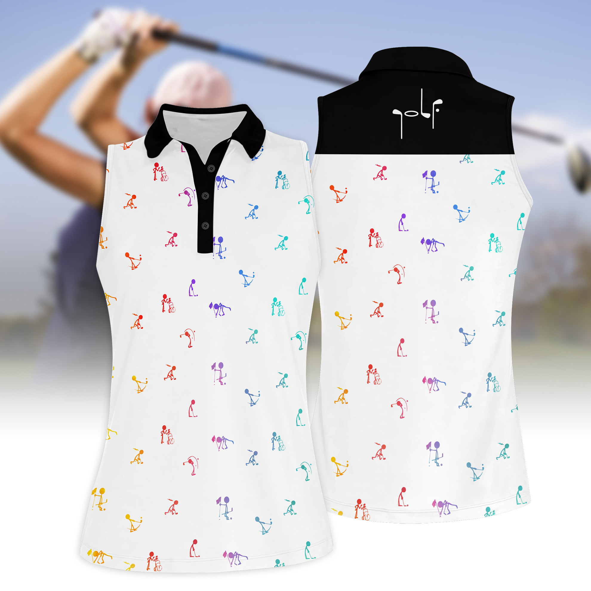 WATERCOLOR STICKFIGURES PLAYING GOLF WOMEN SHORT SLEEVE POLO SHIRT SLEEVELESS POLO SHIRT