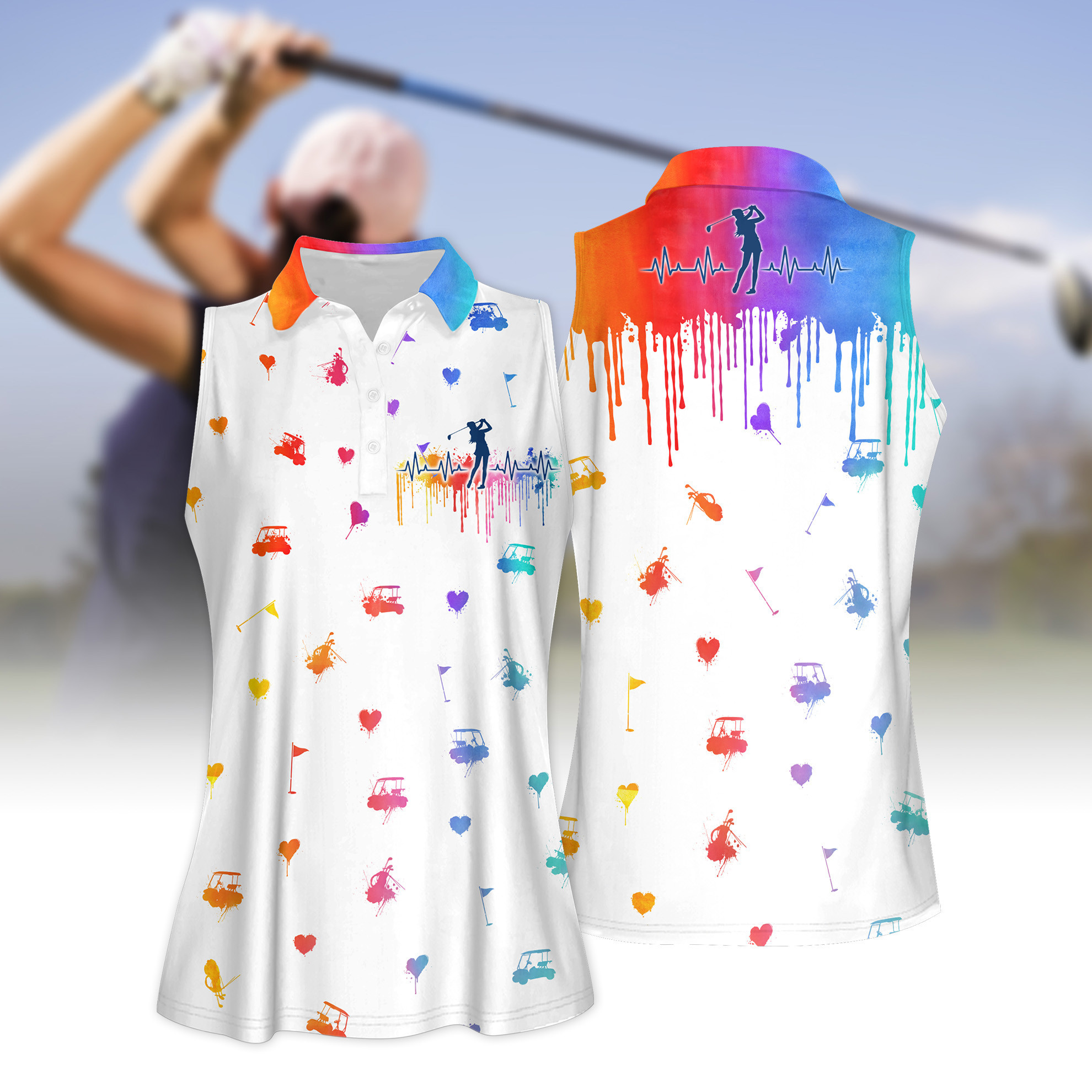 WOMEN GOLF HEART BEAT WATER COLOR WOMEN SHORT SLEEVE POLO SHIRT SLEEVELESS POLO SHIRT V2