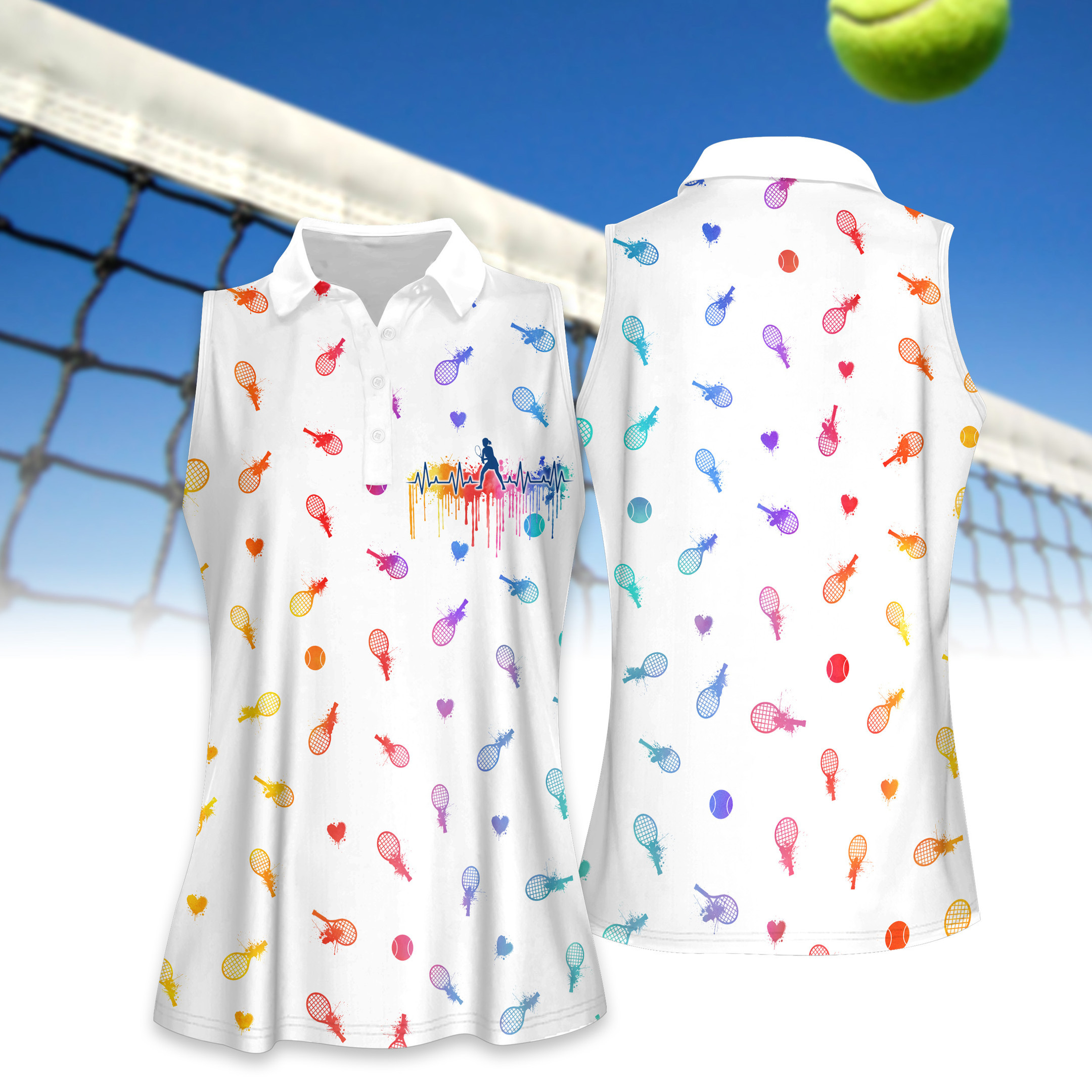 WOMEN TENNIS HEART BEAT WATER COLOR WOMEN SHORT SLEEVE POLO SHIRT SLEEVELESS POLO SHIRT