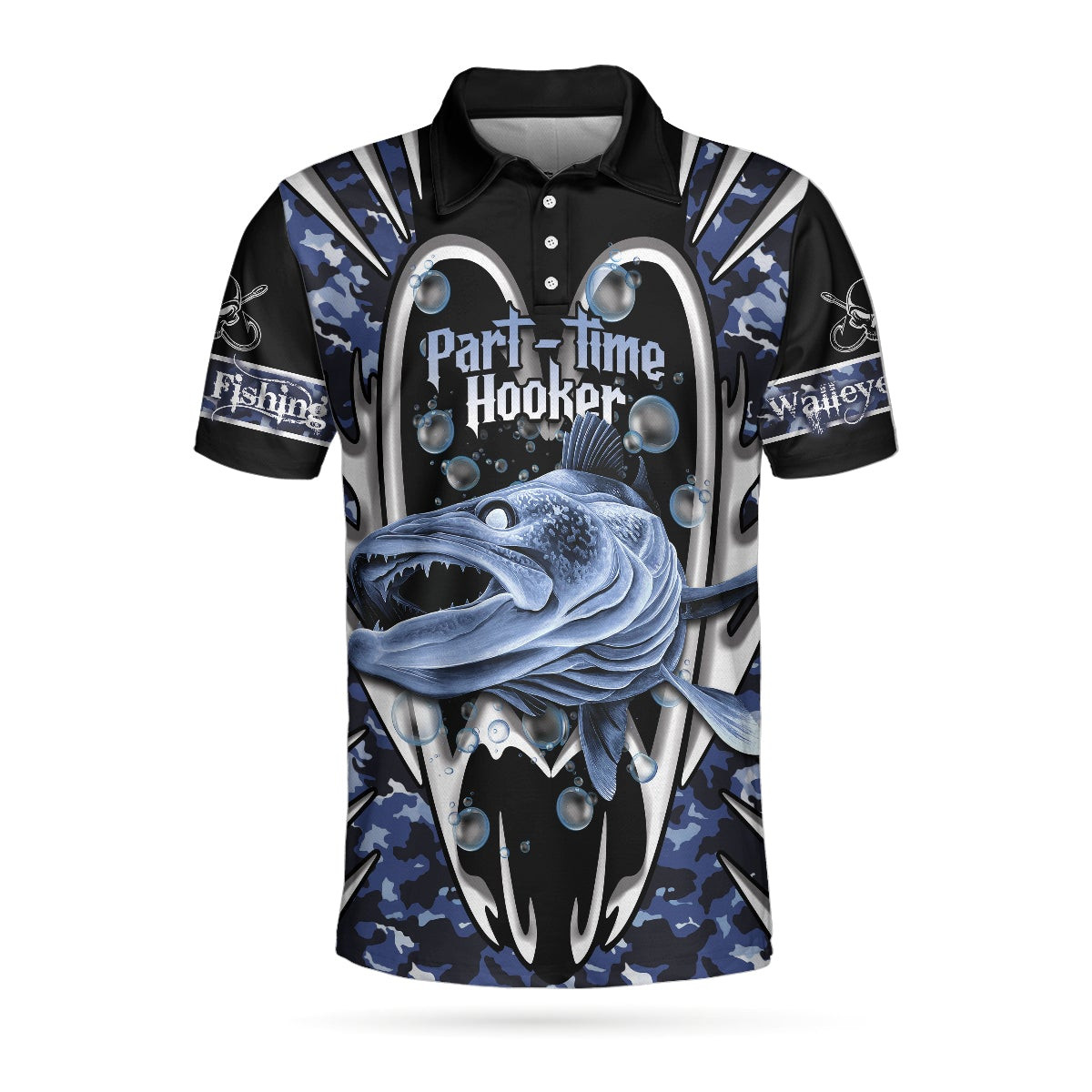 Walleye Fishing Part-Time Hooker Short Sleeve Polo Shirt Navy Blue Camouflage Polo Shirt Camo Fishing Shirt For Men