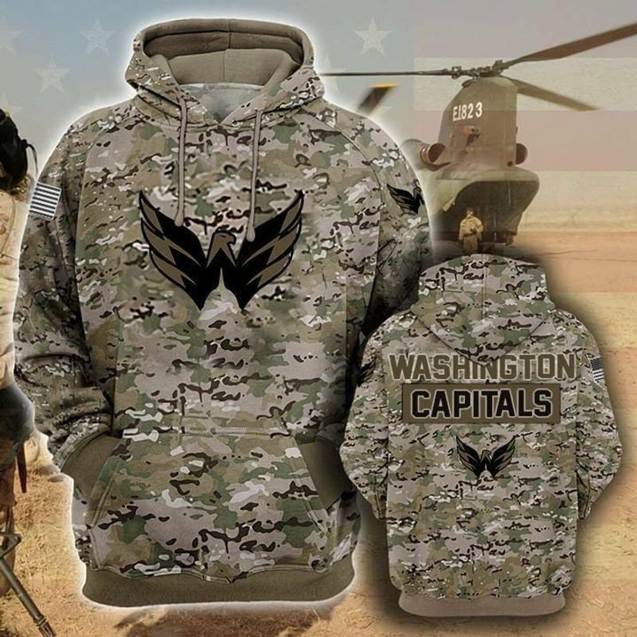 Washington Capitals Camouflage Veteran 3d All Over Printed Hoodie