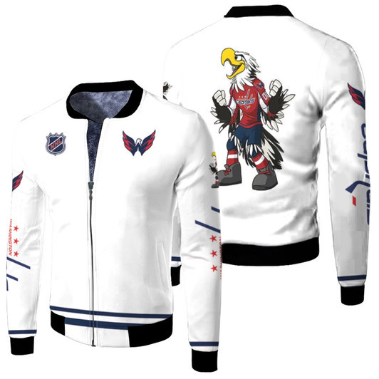 Washington Capitals Nhl Ice Hockey Team Slapshot Logo Mascot White Fleece Bomber Jacket