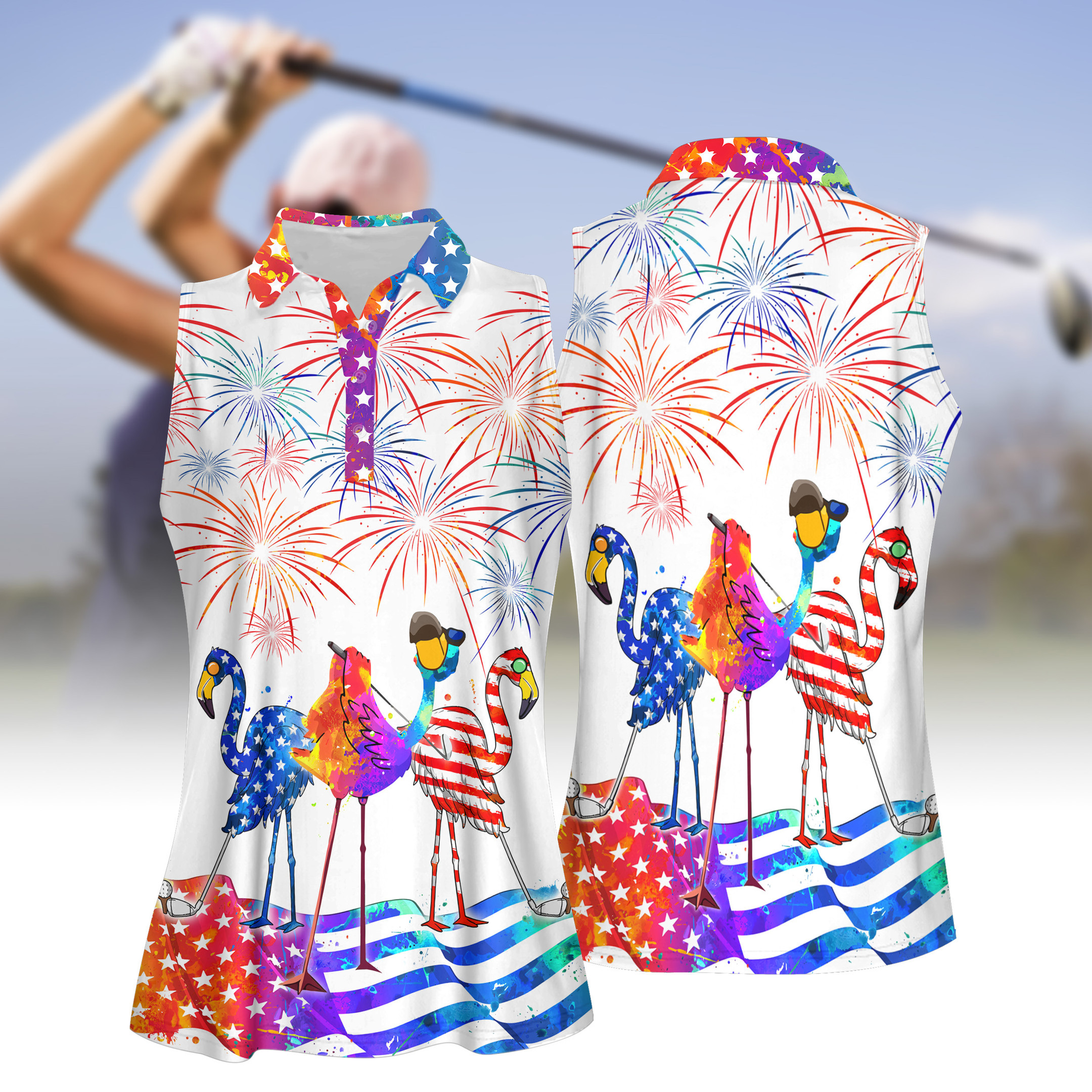 Water Color 4TH OF JULY PATRIOTIC FUNNY FLAMINGO GOLF WOMEN SHORT SLEEVE POLO SHIRT SLEEVELESS POLO SHIRT