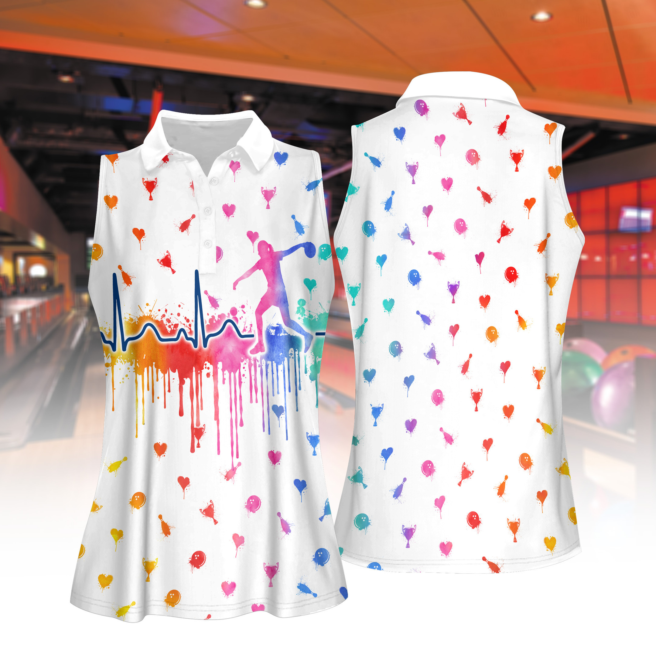 Watercolor Bowling Women Short Sleeve Polo Shirt Sleeveless Polo Shirt