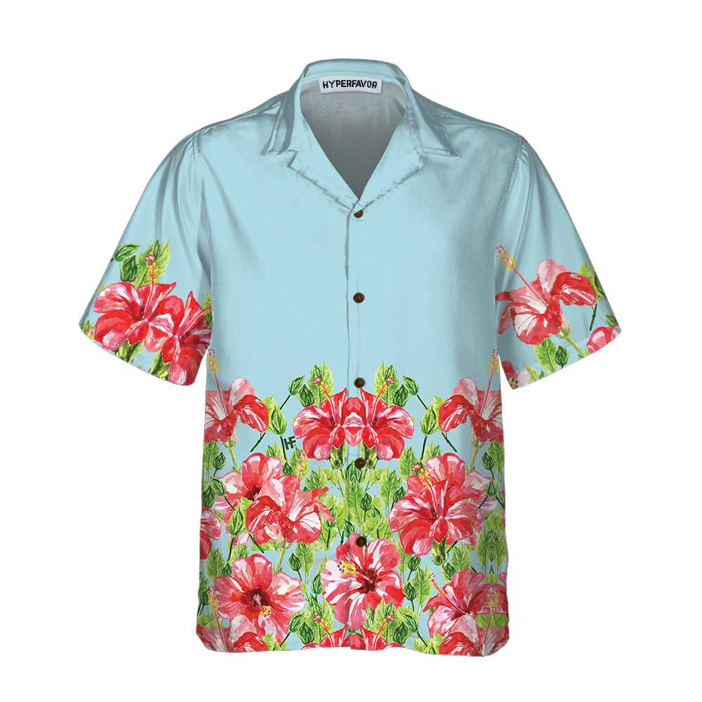 Watercolor Hibiscus Flower Hawaiian Shirt Short Sleeve Red Hibiscus Print Shirt