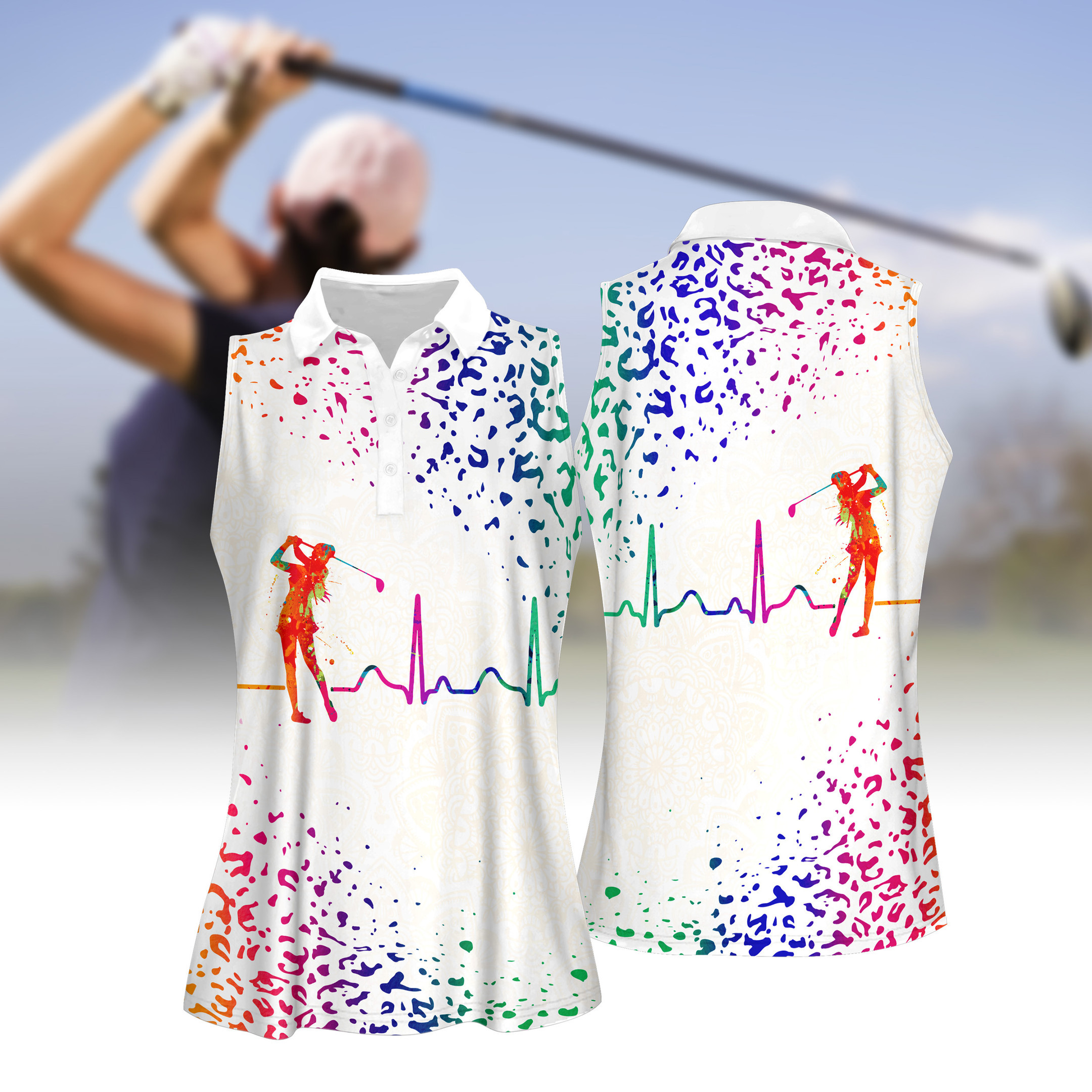 Watercolor Leopard Golf Heart Beat Women Short Sleeve Polo Shirt Sleeveless Polo Shirt