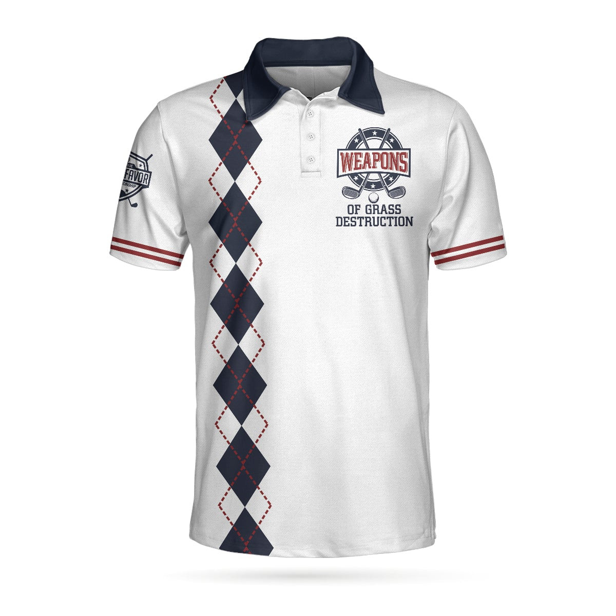 Weapons Of Grass Destruction Short Sleeve Polo Shirt White And Navy Argyle Pattern Polo Shirt Best Golf Shirt For Men